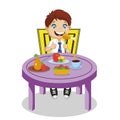 Boy Eating. Smiling Cartoon Schoolboy Eat Meal