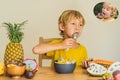 Boy eats fruit but dreams about donuts. Harmful and healthy food for children. Child eating healthy snack. Vegetarian Royalty Free Stock Photo