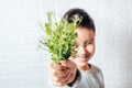 Boy eats peas microgreen, spring avitaminosis Royalty Free Stock Photo