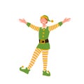 Boy elf cartoon character in traditional costume gesturing hands greeting with Merry Christmas