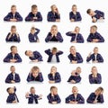 Boy emotions collage. Schoolboy in a plaid shirt. Isolated on white background. Square