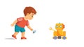 Boy Engaged in Play with a Small Robot Toy, Future Tech Fun, vector design Generative AI Royalty Free Stock Photo
