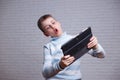 Boy engrossed in playing online game on his tablet. Gadget, inte Royalty Free Stock Photo