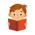 Boy engrossed in reading a book with a focused expression and flat graphic style Royalty Free Stock Photo
