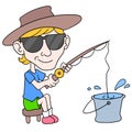 Boy is enjoying a fishing vacation in a bucket of water, doodle icon image kawaii Royalty Free Stock Photo