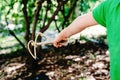 Boy enjoying his summer vacation throwing rocks with a slingshot in a forest Royalty Free Stock Photo