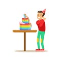 Boy Enjoying Rainbow Cake, Kids Birthday Party Scene With Cartoon Smiling Character Royalty Free Stock Photo