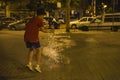 Boy exploding firecrackers, Barcelona Royalty Free Stock Photo