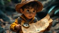 Boy explorer studying map, compass, jungle background, adventure illustration Royalty Free Stock Photo