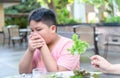 Boy with expression of disgust against vegetables Royalty Free Stock Photo