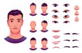 Boy face construction, avatar creation with different head parts. Vector cartoon set of young man or male eyes, noses