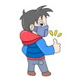 Boy with a face covered in a mask keeping clean, doodle icon image kawaii