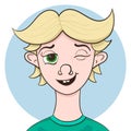 Boy face, vector human head illustration. Blonde kid winking.