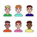 Boy faces set. Hand drawn human avatar collection. Colored portraits of teenagers on a white. Doodle vector illustration