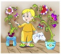 Boy and fantastic flowers Royalty Free Stock Photo