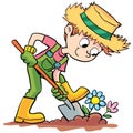 Boy farmer is digging a garden with flowers Royalty Free Stock Photo