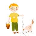 Boy farmer feeds chicken. Cute farm scene isolated element. Hand drawn illustration in childish style.