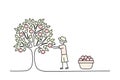 boy farmer gathering apples in basket, growing agricultural products, ripe apples ready for harvesting, doodle black