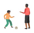 Boy and father play football. Son playing with young dad, family training outdoor vector sport activities