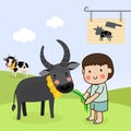 Boy feeding a buffalo and saving cattle lives from the Slaughterhouse