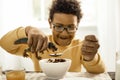 Boy feeding his toy tyrannosaur with a full spoon. Royalty Free Stock Photo