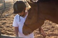 Boy feeding the horse in the ranch Royalty Free Stock Photo