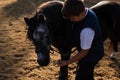 Boy feeding the horse in the ranch Royalty Free Stock Photo