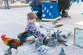 The boy feeds the pigeons Royalty Free Stock Photo