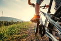 Boy feet in red sneackers on bicycle pedal close up image Royalty Free Stock Photo