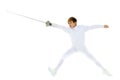 Boy fencer standing in attacking pose