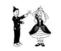 Boy in festive hat holds magic wand in his hand and girl in dress corrects crown on her head. Happy kids having fun