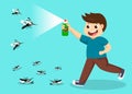 Boy fight mosquito by spray. protection dengue fever concept. Vector illustration.