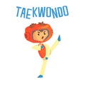 Boy fighting in taekwondo uniform. Colorful cartoon character vector Illustration