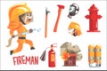 Boy Fireman, Kids Future Dream Fire Fighter Professional Occupation Illustration With Related To Profession Objects