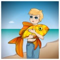 A boy with a fish in his hands Royalty Free Stock Photo