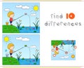 A boy fisherman fishing on the river bank. Educational game for