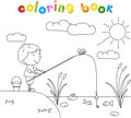 Boy fisherman with fishing rod on the lake. Coloring book