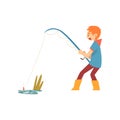 Boy Fishing with Fishing Rod, Cute Little Fisherman Cartoon Character Vector Illustration