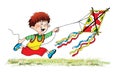 boy flies kite grass sky cartoon Royalty Free Stock Photo