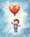 A boy flies a red balloon against a sky of hearts in this simple and highly romantic sticker design
