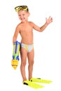 Boy in flippers and a mask with a water pistol Royalty Free Stock Photo