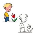 Boy and flower. An image of a little kid looking at a beautiful flower. Comic, cartoon.