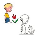 Boy and flower. An image of a little kid looking at a beautiful flower. Comic, cartoon. Royalty Free Stock Photo