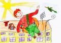 Boy fly with airscrew on his back, child drawing object on paper, hand drawn art picture