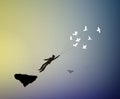 Boy is flying away and holding pigeons, fly in the dreamland, fly away in your dream to the heavens, shadows, life on