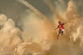Boy flying in the cloudy sky with jet pack rocket