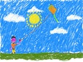 Boy Flying A Kite Kid like Artwork Royalty Free Stock Photo