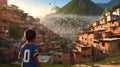 Boy flying a kite in overcrowded slums with square multistory houses and shops built of wood and brick. generate ai