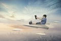 Boy flying with paper plane Royalty Free Stock Photo