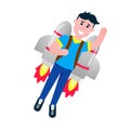 Boy flying with rocket jetpack like a super hero pilot flat style design vector illustration isolated on white background. Royalty Free Stock Photo